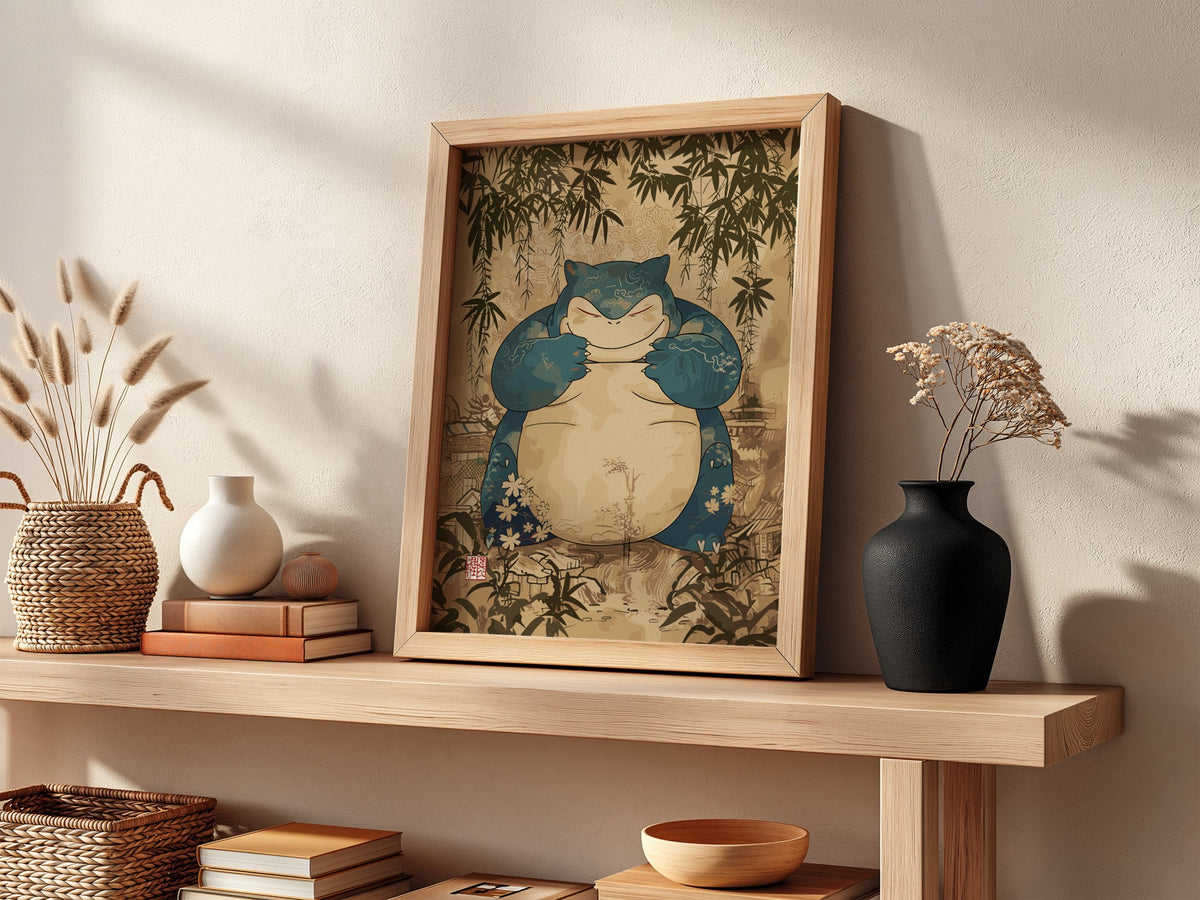Snorlax character poster with blue and cream tones surrounded by bamboo and floral vintage style
