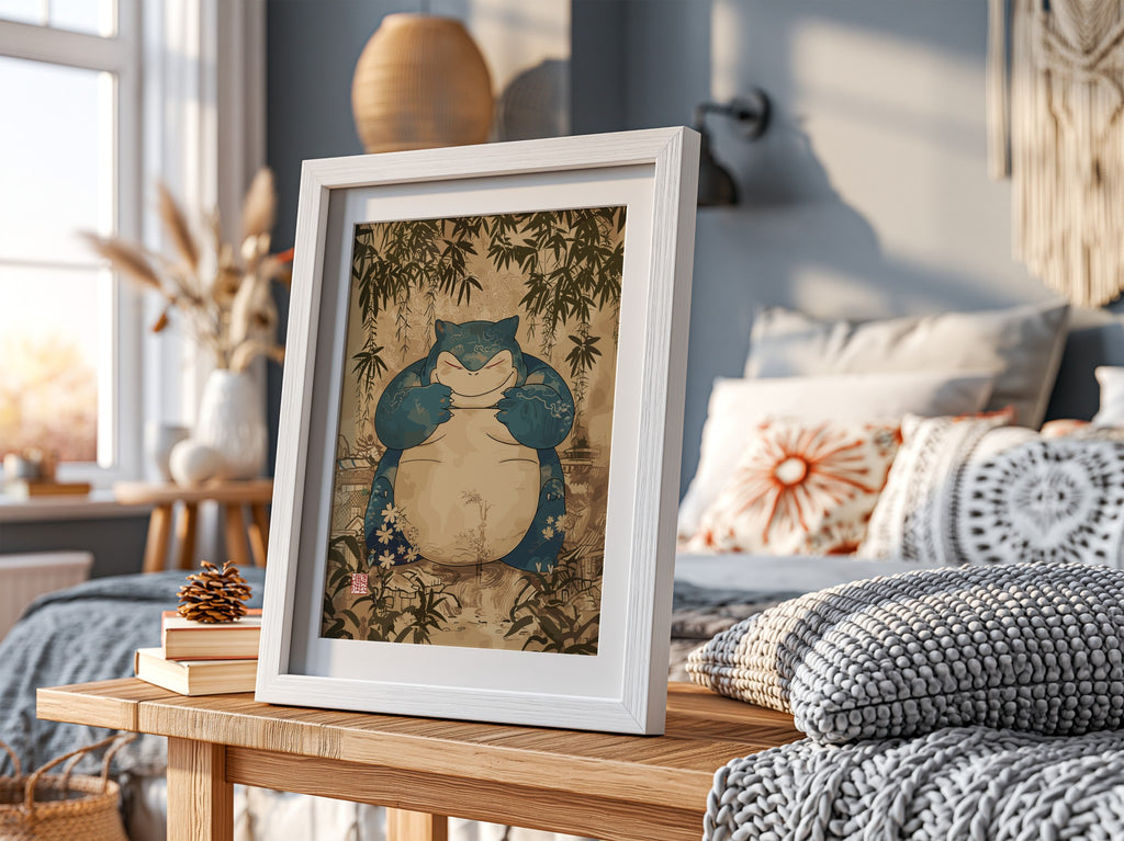 Snorlax character poster with blue and cream tones surrounded by bamboo and floral vintage style