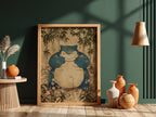 Snorlax character poster with blue and cream tones surrounded by bamboo and floral vintage style