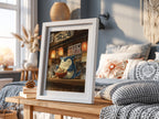 Poster of Snorlax enjoying ramen with warm lantern light and wooden Japanese interior