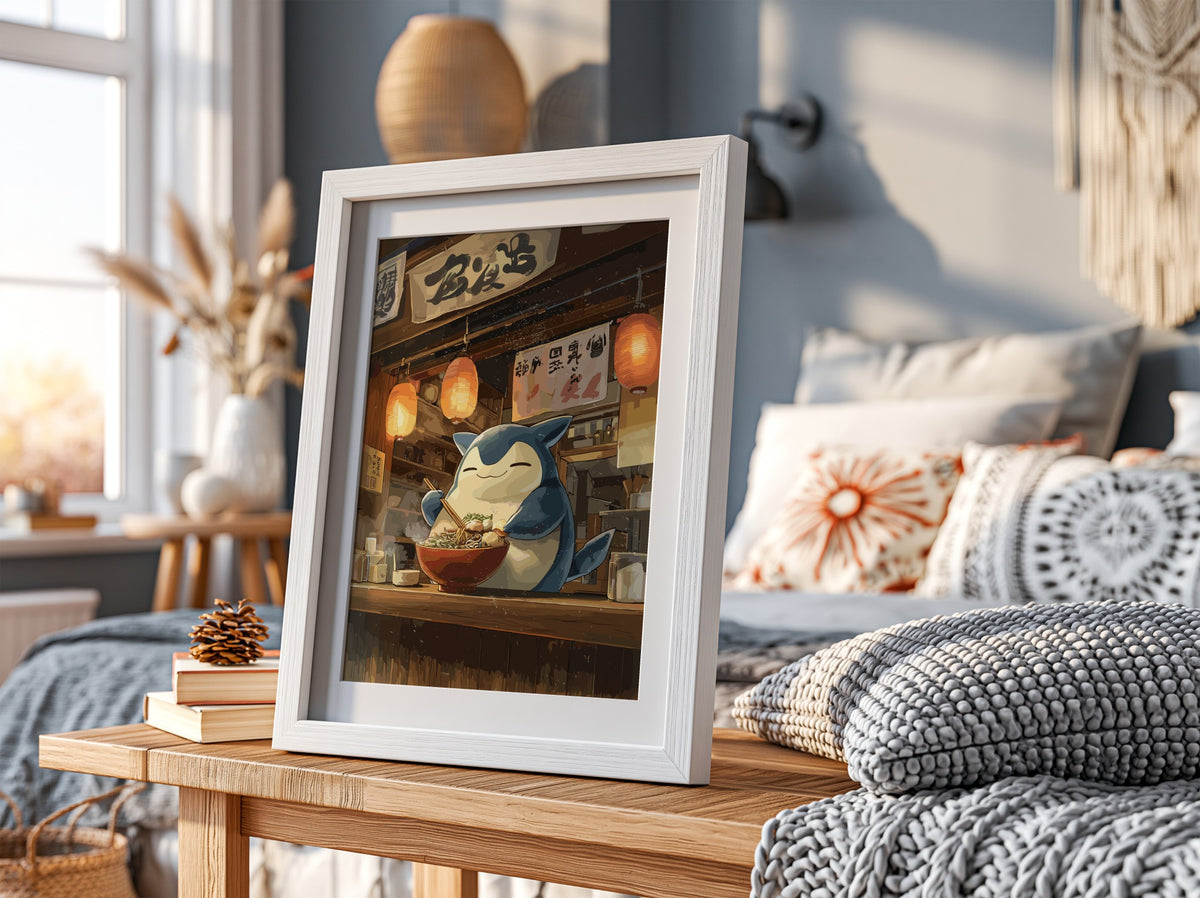 Poster of Snorlax enjoying ramen with warm lantern light and wooden Japanese interior