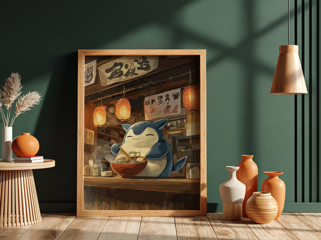 Poster of Snorlax enjoying ramen with warm lantern light and wooden Japanese interior