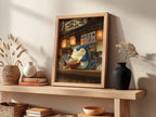 Poster of Snorlax enjoying ramen with warm lantern light and wooden Japanese interior