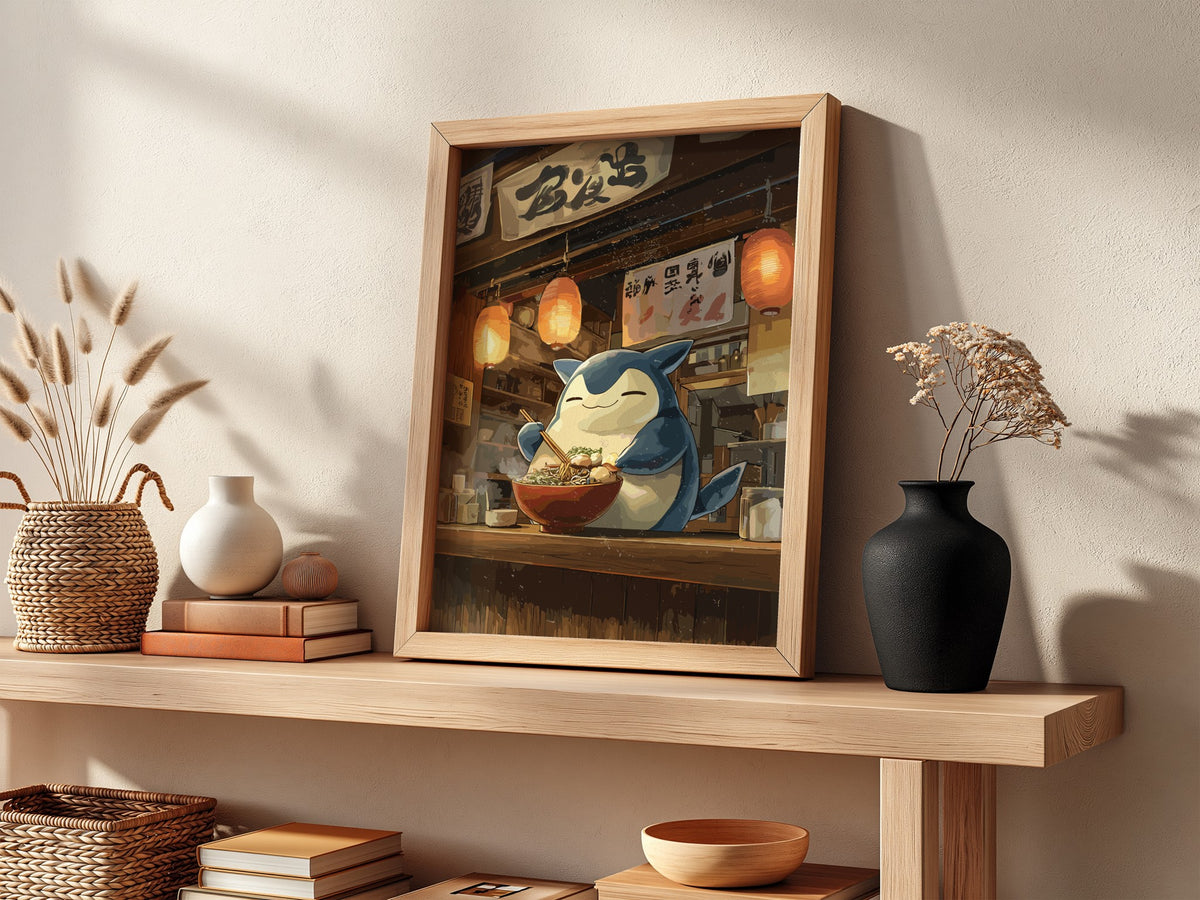 Poster of Snorlax enjoying ramen with warm lantern light and wooden Japanese interior