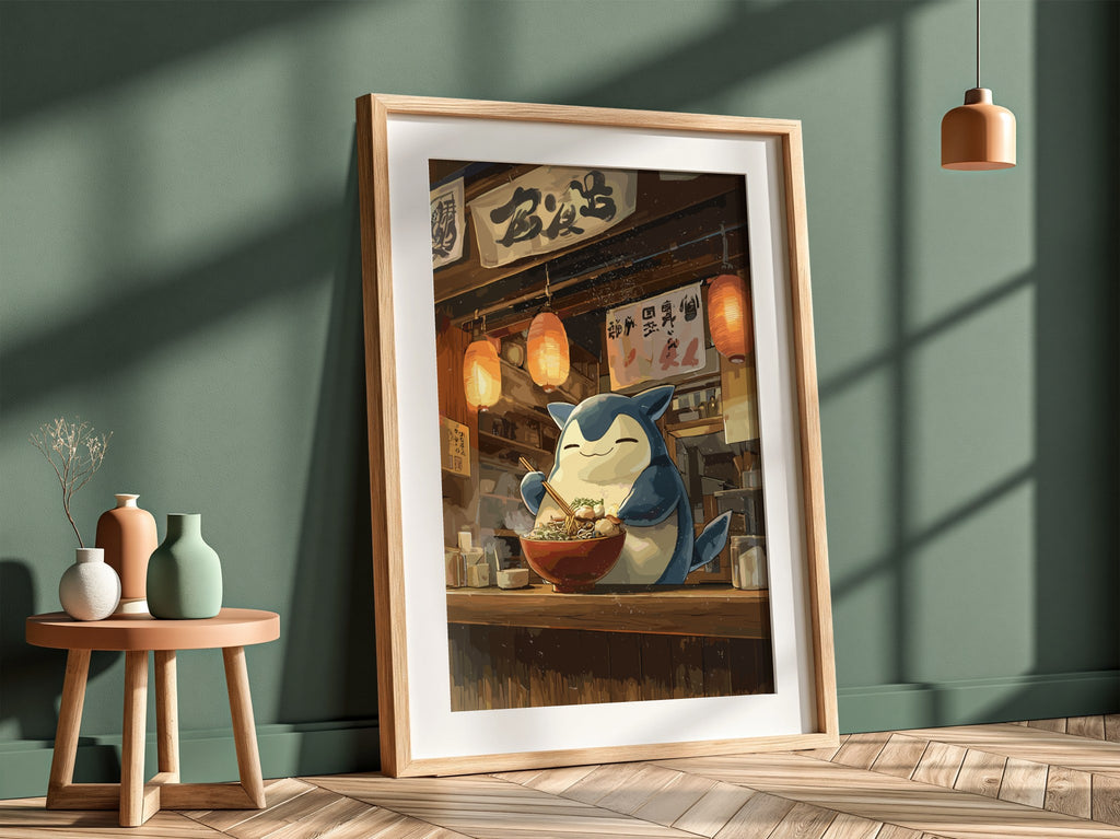 Poster of Snorlax enjoying ramen with warm lantern light and wooden Japanese interior