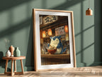 Poster of Snorlax enjoying ramen with warm lantern light and wooden Japanese interior