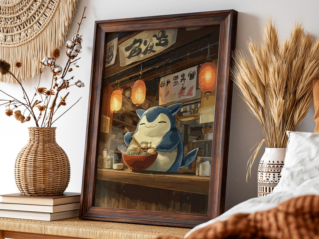 Poster of Snorlax enjoying ramen with warm lantern light and wooden Japanese interior