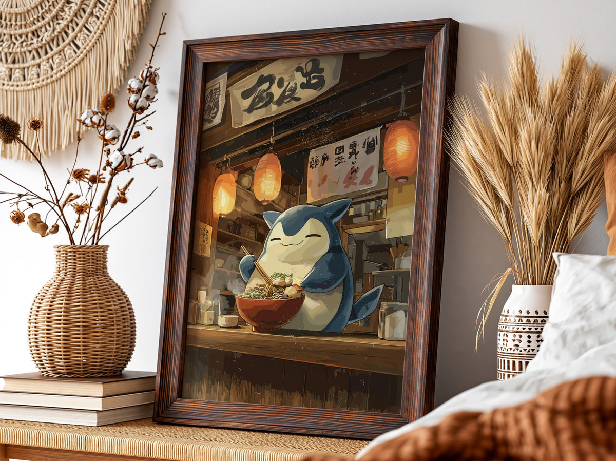 Poster of Snorlax enjoying ramen with warm lantern light and wooden Japanese interior