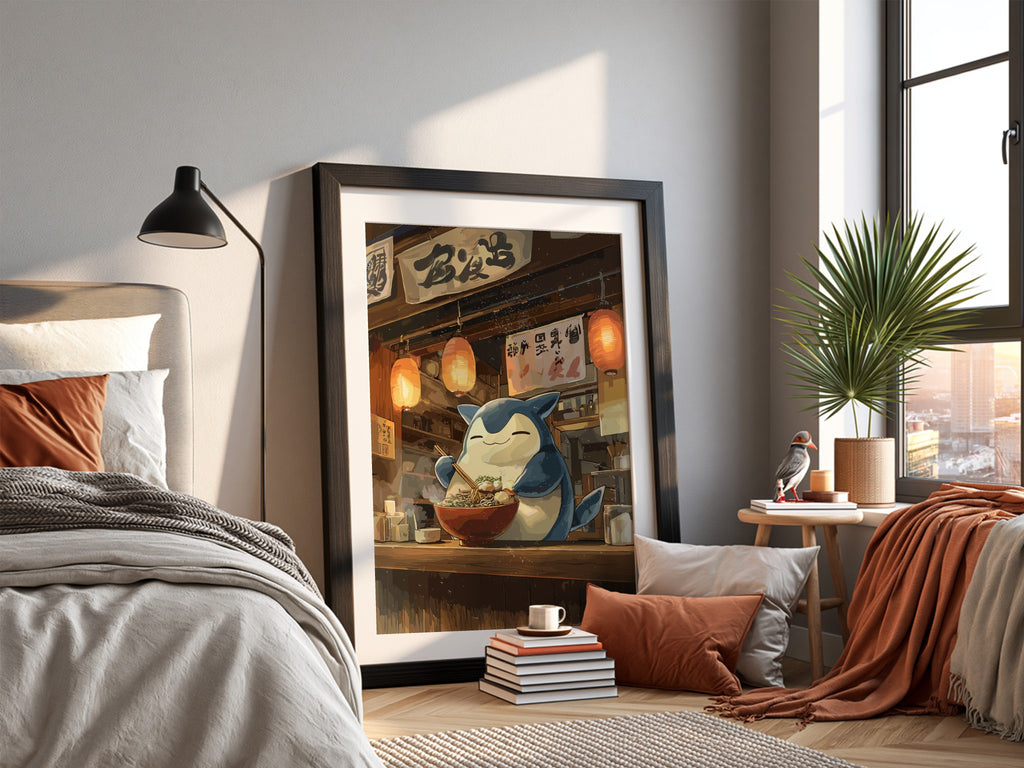 Poster of Snorlax enjoying ramen with warm lantern light and wooden Japanese interior