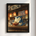 Poster of Snorlax enjoying ramen with warm lantern light and wooden Japanese interior