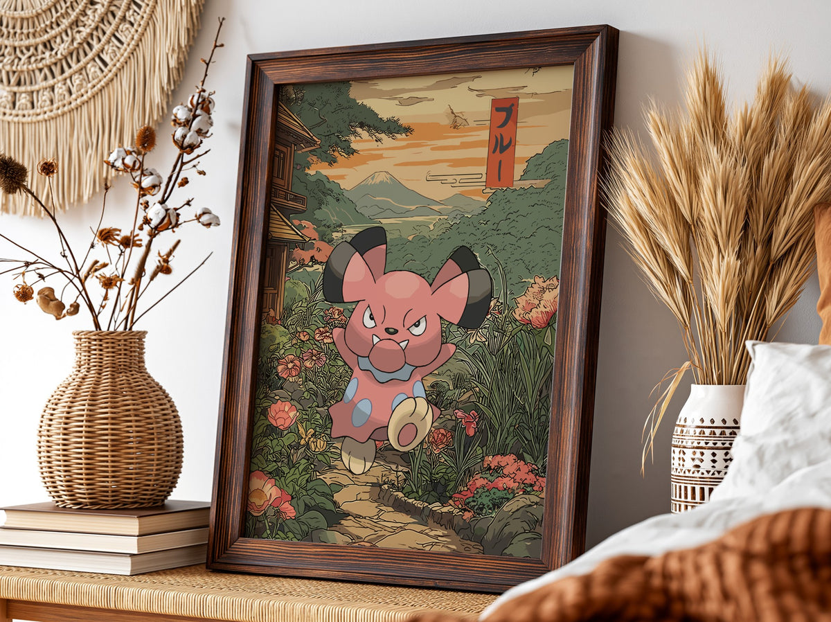 Framed anime poster featuring Snubbull in a lush garden with Japanese style and warm sunset colors
