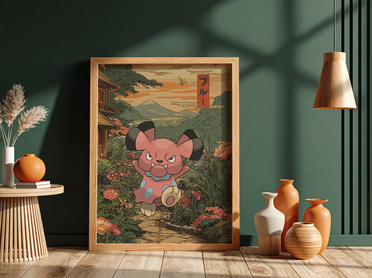 Framed anime poster featuring Snubbull in a lush garden with Japanese style and warm sunset colors