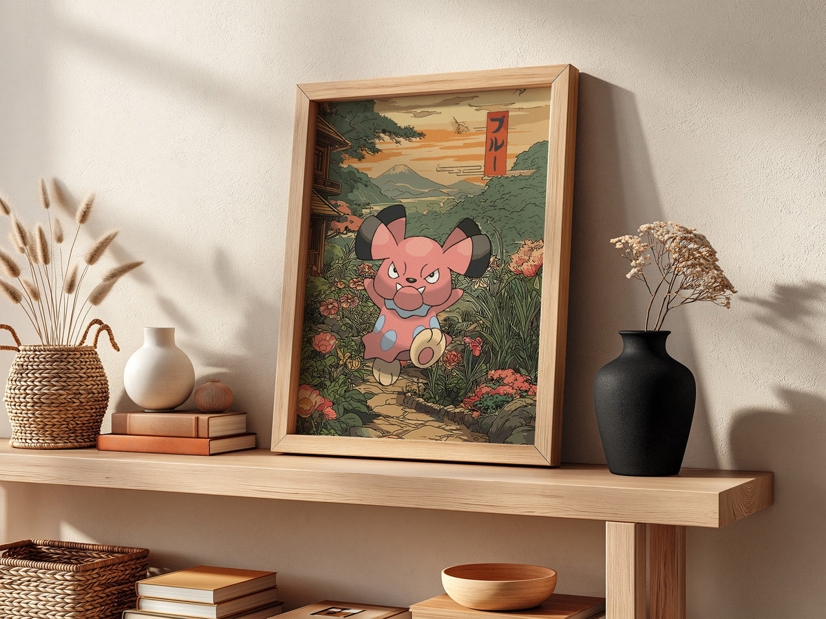 Framed anime poster featuring Snubbull in a lush garden with Japanese style and warm sunset colors