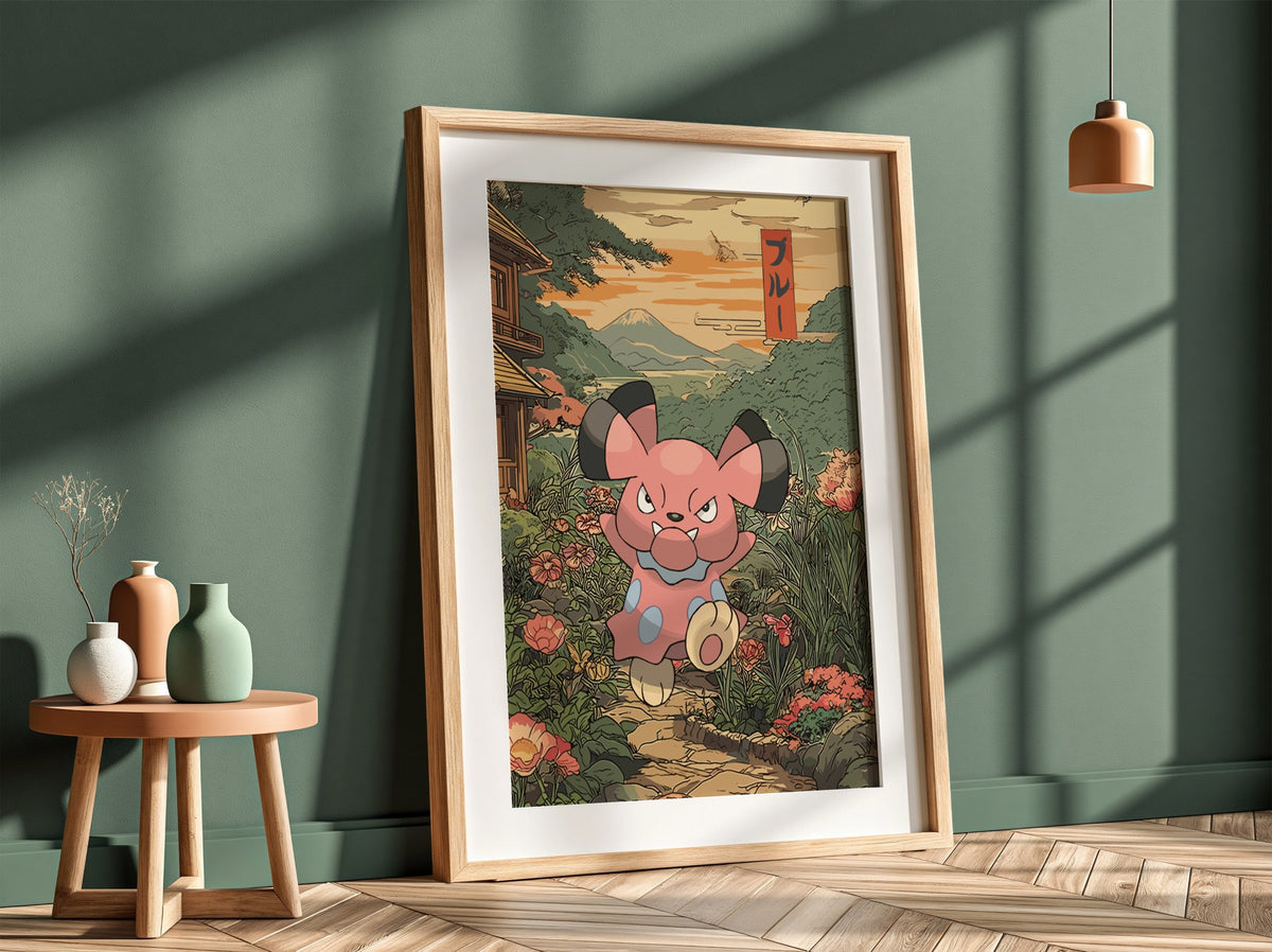 Framed anime poster featuring Snubbull in a lush garden with Japanese style and warm sunset colors
