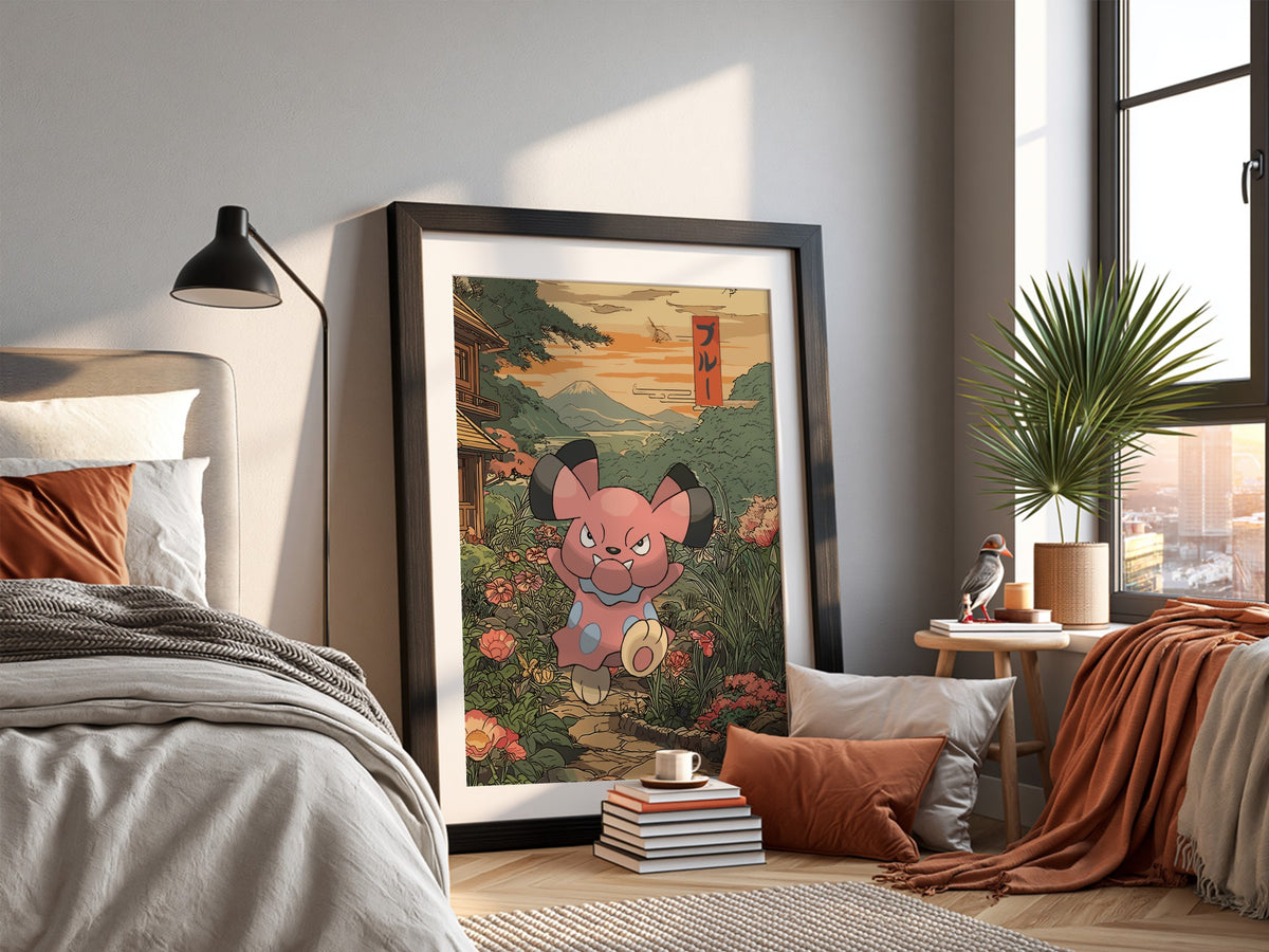 Framed anime poster featuring Snubbull in a lush garden with Japanese style and warm sunset colors
