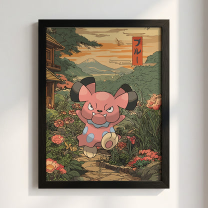 Framed anime poster featuring Snubbull in a lush garden with Japanese style and warm sunset colors