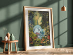 Framed Sobble Pokémon poster with vibrant green forest background and blue character