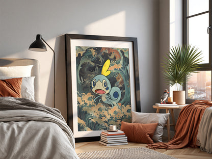 Sobble 2 illustration poster with blue cartoon creature and swirling ocean waves in muted colors