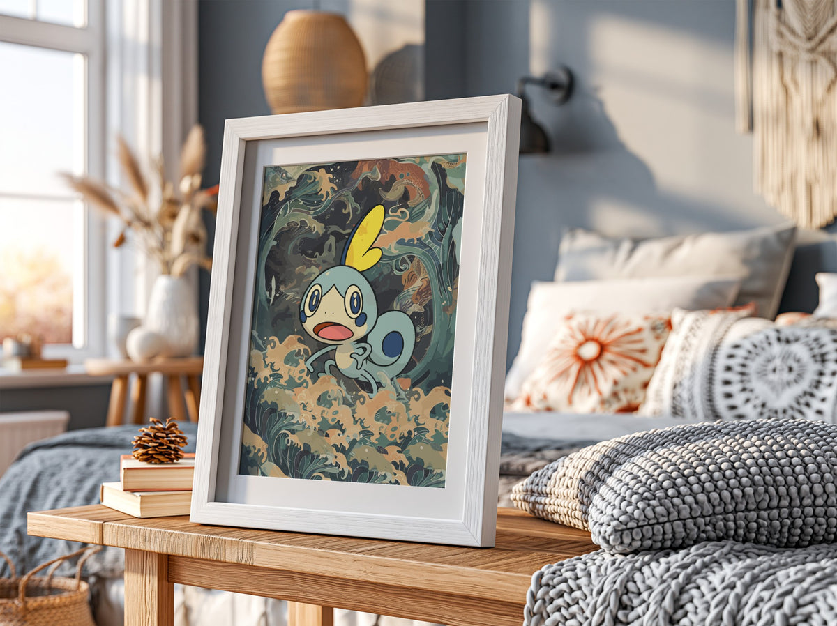 Sobble 2 illustration poster with blue cartoon creature and swirling ocean waves in muted colors