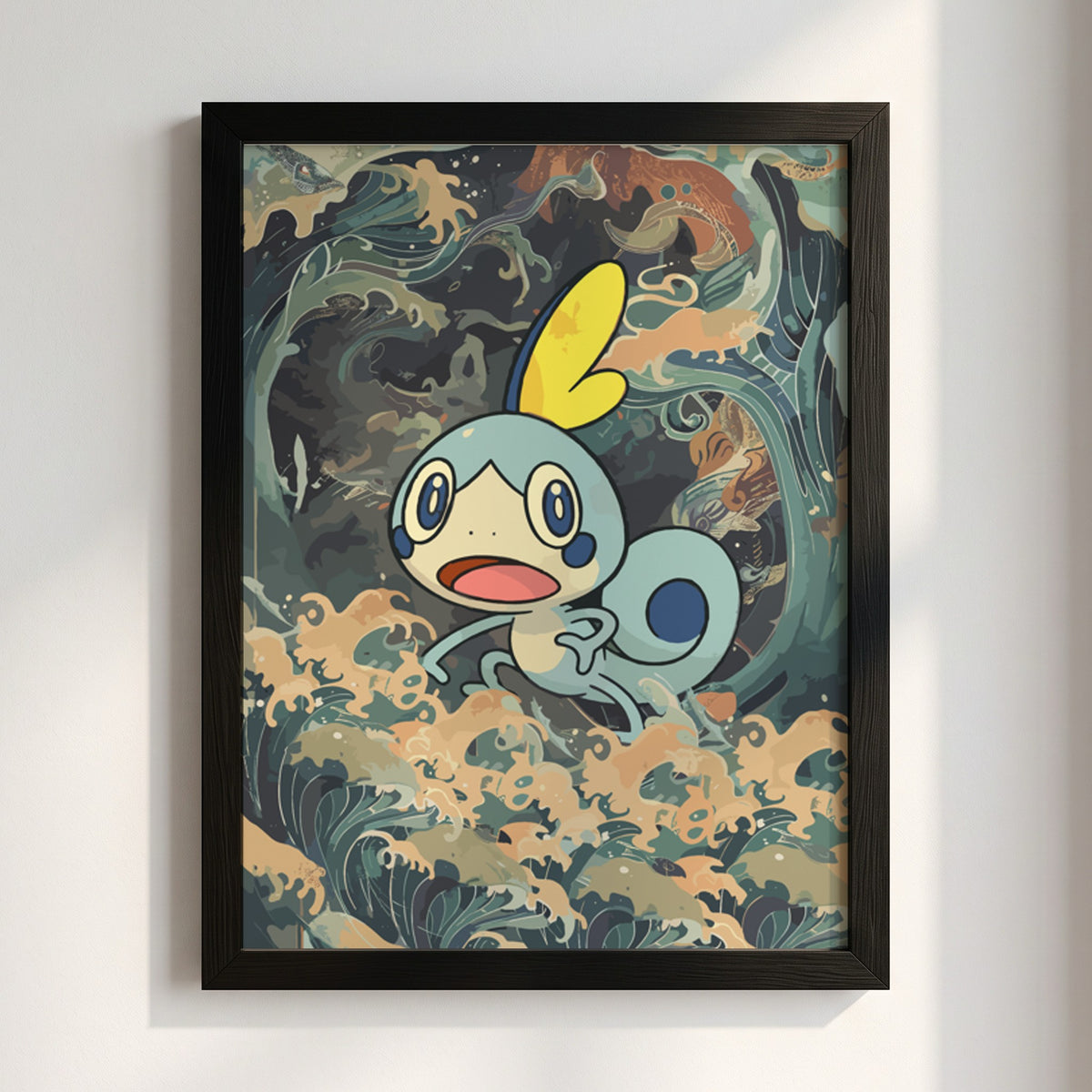 Sobble 2 illustration poster with blue cartoon creature and swirling ocean waves in muted colors