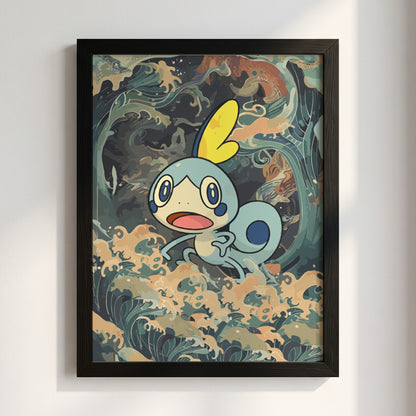 Sobble 2 illustration poster with blue cartoon creature and swirling ocean waves in muted colors