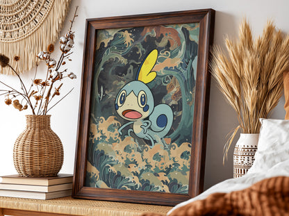 Sobble 2 illustration poster with blue cartoon creature and swirling ocean waves in muted colors