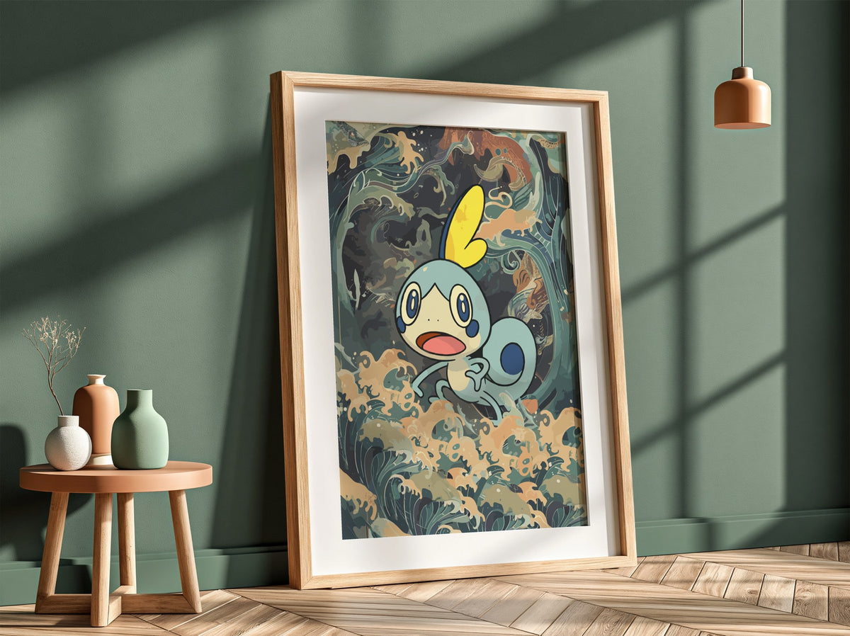 Sobble 2 illustration poster with blue cartoon creature and swirling ocean waves in muted colors