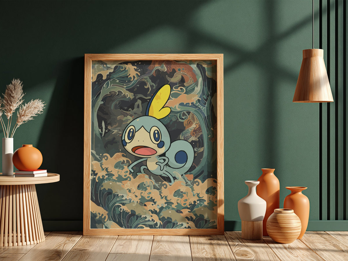 Sobble 2 illustration poster with blue cartoon creature and swirling ocean waves in muted colors