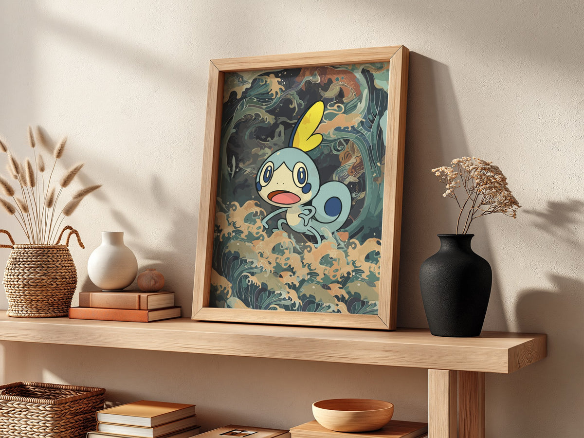 Sobble 2 illustration poster with blue cartoon creature and swirling ocean waves in muted colors