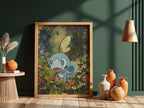 Framed Sobble Pokémon poster with vibrant green forest background and blue character