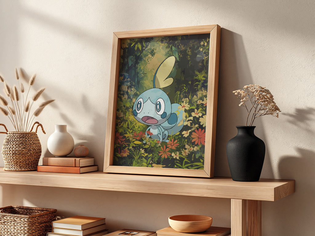 Framed Sobble Pokémon poster with vibrant green forest background and blue character