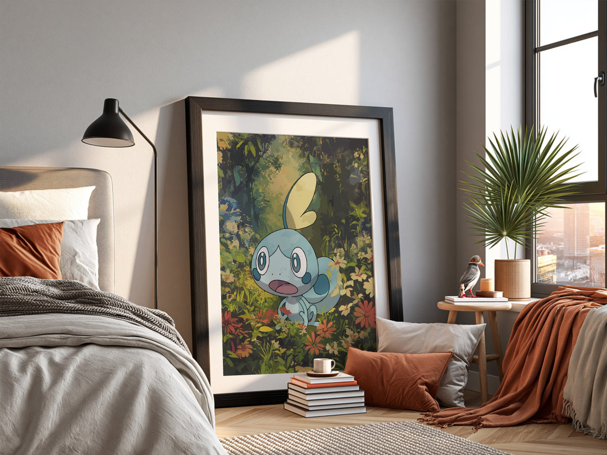 Framed Sobble Pokémon poster with vibrant green forest background and blue character