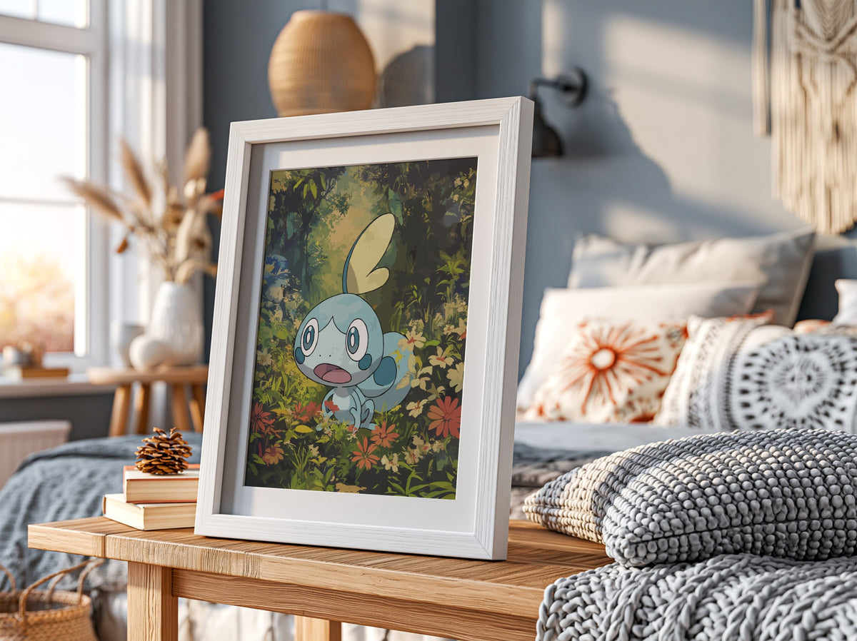Framed Sobble Pokémon poster with vibrant green forest background and blue character