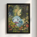 Framed Sobble Pokémon poster with vibrant green forest background and blue character