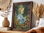 Framed Sobble Pokémon poster with vibrant green forest background and blue character