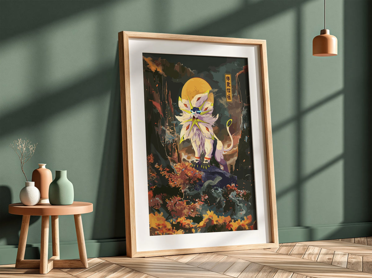 Poster of Solgaleo in vibrant digital style with orange and green landscape and glowing moon