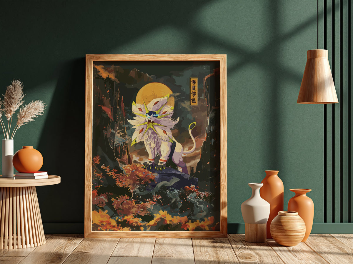 Poster of Solgaleo in vibrant digital style with orange and green landscape and glowing moon
