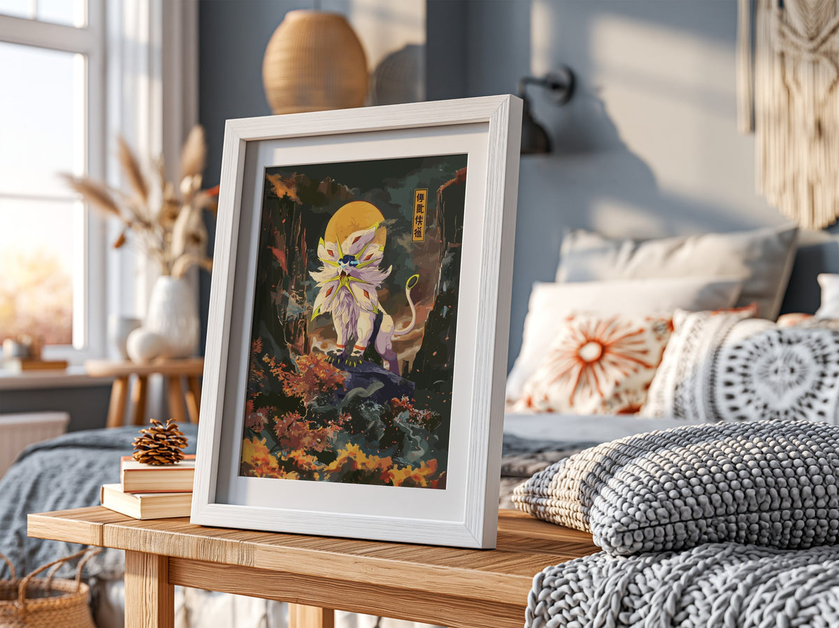 Poster of Solgaleo in vibrant digital style with orange and green landscape and glowing moon