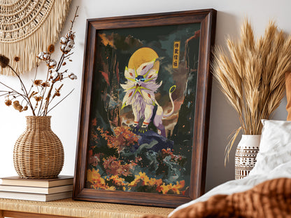 Poster of Solgaleo in vibrant digital style with orange and green landscape and glowing moon