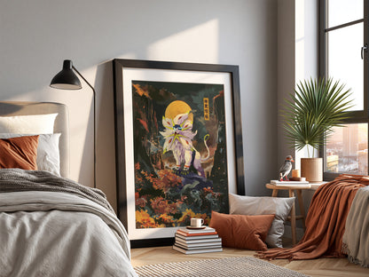 Poster of Solgaleo in vibrant digital style with orange and green landscape and glowing moon