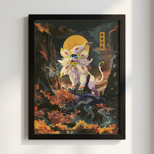 Poster of Solgaleo in vibrant digital style with orange and green landscape and glowing moon