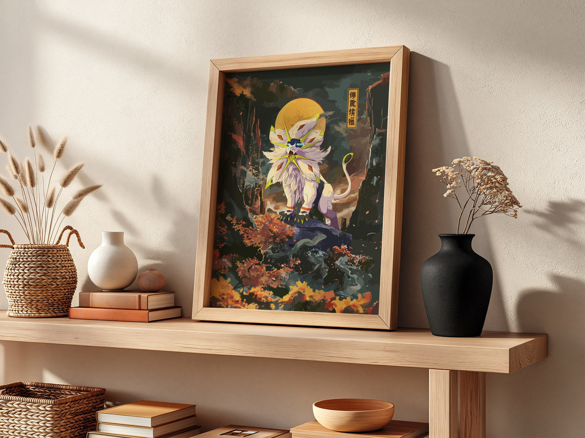 Poster of Solgaleo in vibrant digital style with orange and green landscape and glowing moon