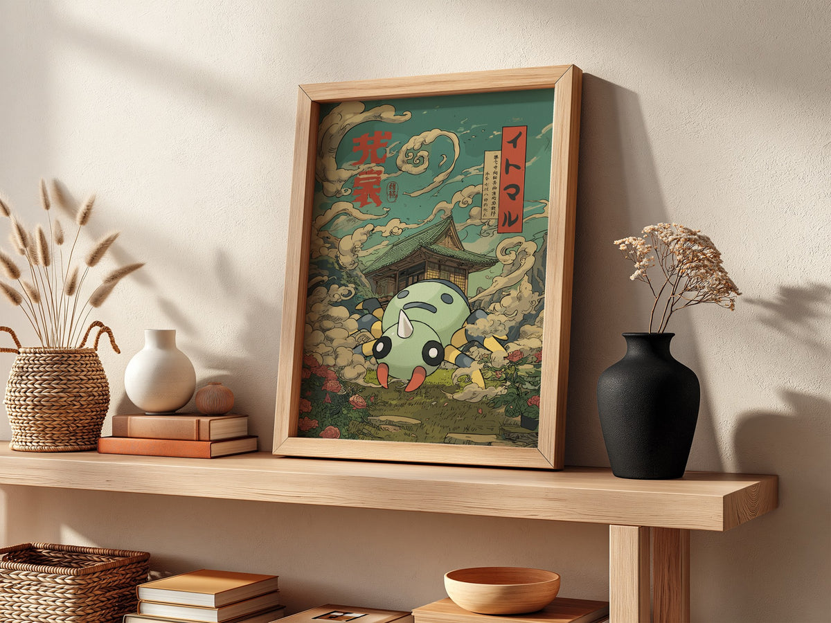 Framed Spinarak poster with Japanese pagoda, swirling clouds, green palette and red text accents