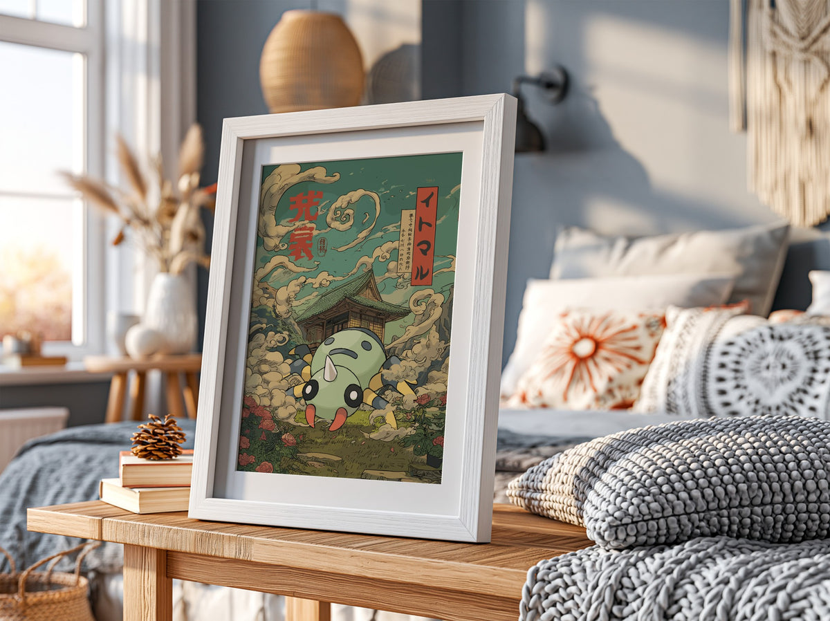 Framed Spinarak poster with Japanese pagoda, swirling clouds, green palette and red text accents