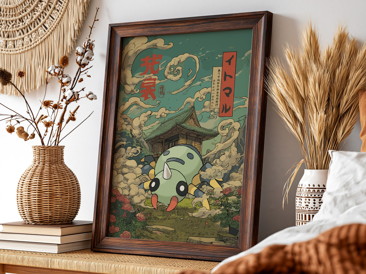 Framed Spinarak poster with Japanese pagoda, swirling clouds, green palette and red text accents