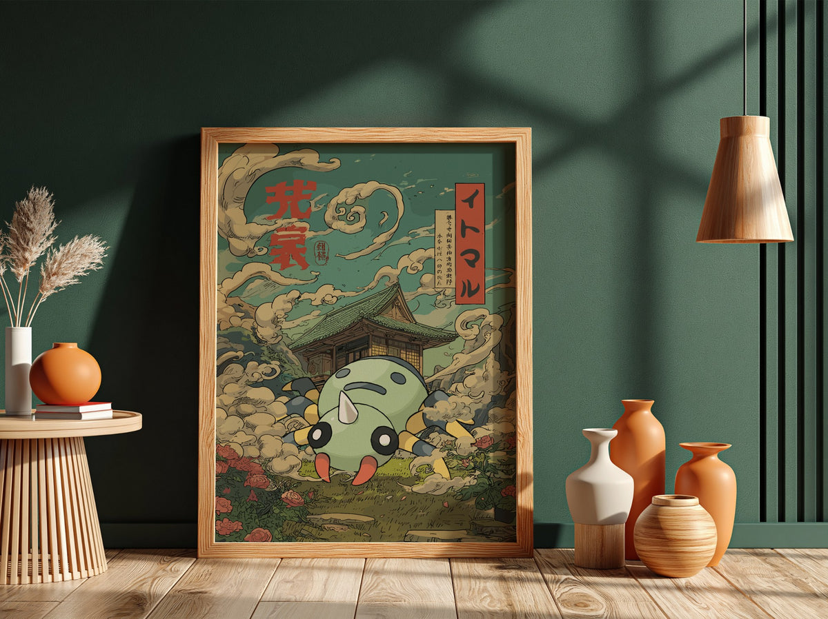 Framed Spinarak poster with Japanese pagoda, swirling clouds, green palette and red text accents