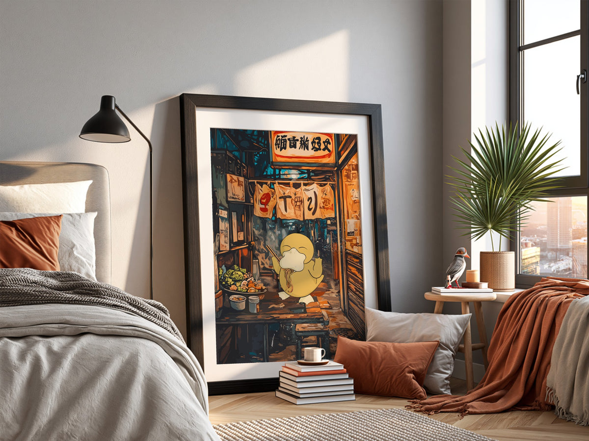 Poster of Squirtle eating ramen in warm amber and deep blue anime style alleyway scene