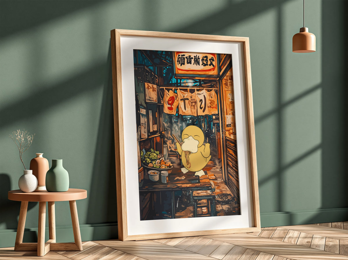 Poster of Squirtle eating ramen in warm amber and deep blue anime style alleyway scene