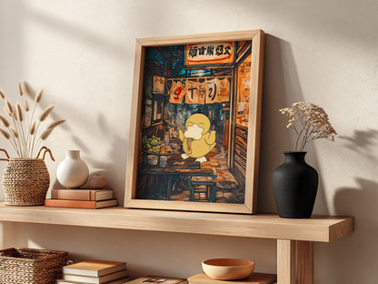 Poster of Squirtle eating ramen in warm amber and deep blue anime style alleyway scene