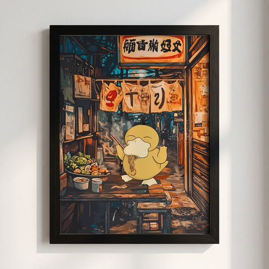 Poster of Squirtle eating ramen in warm blue and brown anime style alley scene